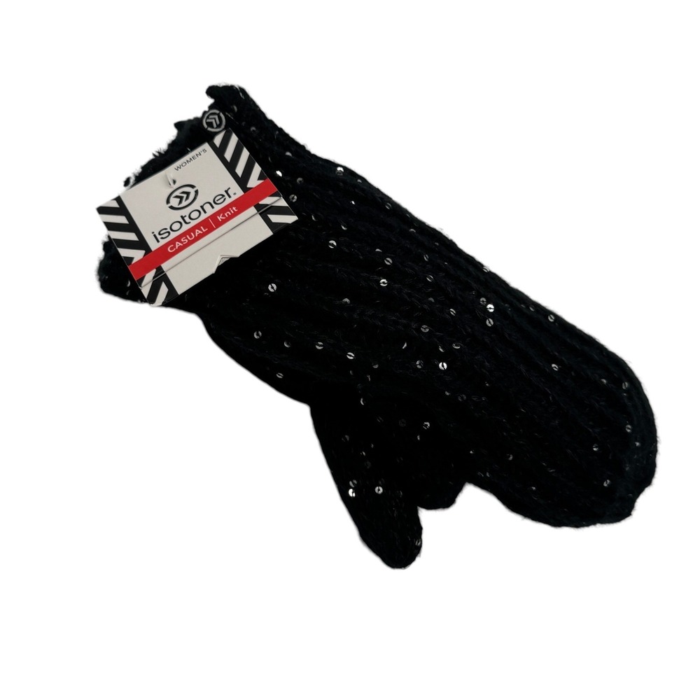 Isotoner Black Sequin Womens Mittens Cable Knit Sherpasoft Lining Shimmer Cozy